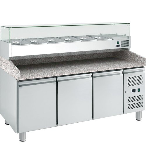 Trojdverový pizza-stôl vitrínou 10 x GN1/4